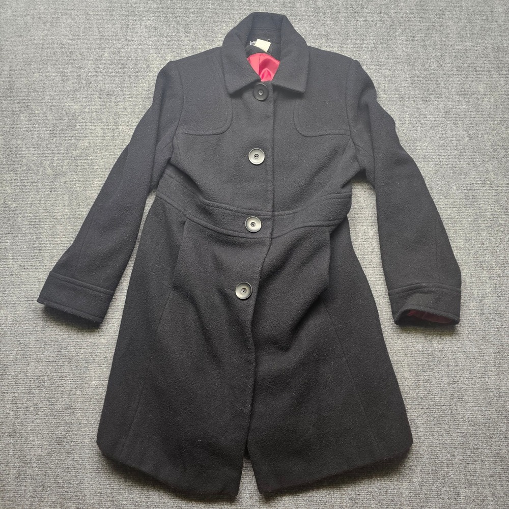 Levine Classics Black 100% Wool Long Pea Coat Red Lining Size 10